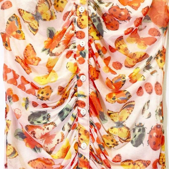 Urban Outfitters Riko Y2K Mesh Dress Orange Butterfly Ruched Mini Size Large - Picture 9 of 13